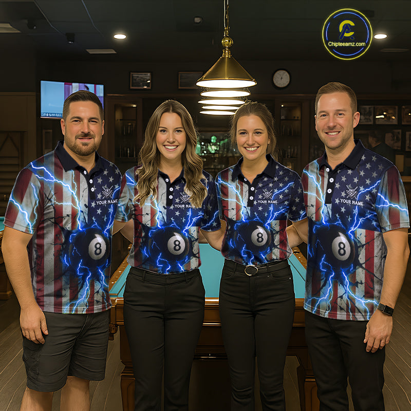Blue 8 Ball Lightning American Flag Billiard Shirt For Men Custom Patriotic Pool Team Jersey TDM5404