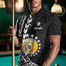 Load image into Gallery viewer, Man wearing custom black and white 9 ball pool tribal billiard team jersey polo shirt featuring tribal artwork, front view.