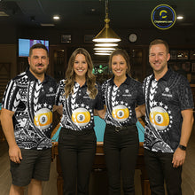 Load image into Gallery viewer, Billiard team wearing matching custom black and white 9 ball pool tribal team jerseys featuring detailed tribal graphics, front view.