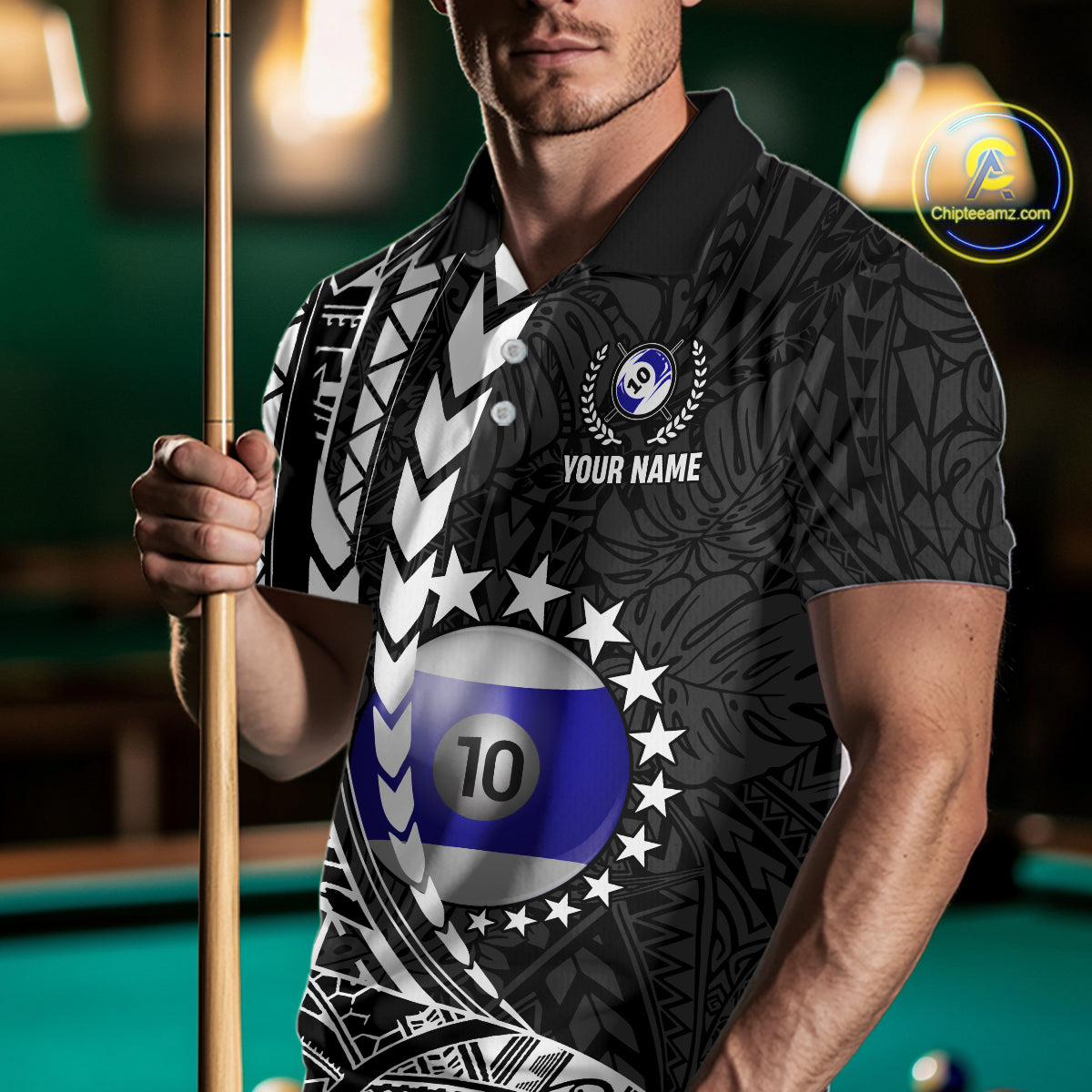 Man wearing custom black and white 10 ball pool tribal billiard team jersey polo shirt featuring tribal artwork, front view.