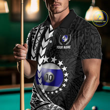 Load image into Gallery viewer, Man wearing custom black and white 10 ball pool tribal billiard team jersey polo shirt featuring tribal artwork, front view.