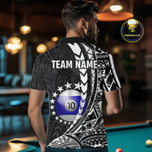 Load image into Gallery viewer, Man wearing custom black and white 10 ball pool tribal billiard team jersey polo shirt featuring tribal artwork, back view.