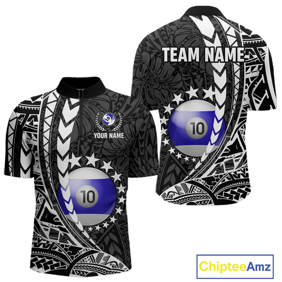 Custom black and white 10 ball pool tribal billiard team jersey quarter zip shirt for men featuring striking tribal graphics, premium billiard league apparel for tournament play.