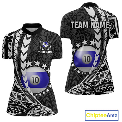 Custom black and white 10 ball pool tribal billiard team jersey quarter zip shirt for women featuring striking tribal graphics, premium billiard league apparel for tournament play.