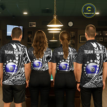 Load image into Gallery viewer, Billiard team wearing matching custom black and white 10 ball pool tribal team jerseys featuring detailed tribal graphics, back view.