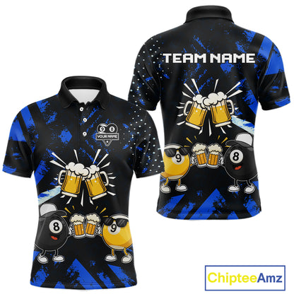 Black blue funny beer 8 ball and 9 ball pool billiard team jersey polo shirt for men featuring a humorous beer-themed design, custom pool league apparel with premium performance fabric for tournaments and league competition.