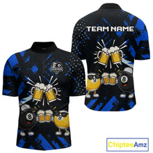 Load image into Gallery viewer, Black blue funny beer 8 ball and 9 ball pool billiard team jersey quarter zip shirt for men featuring a funny beer design, custom billiard league apparel for competitive pool players.