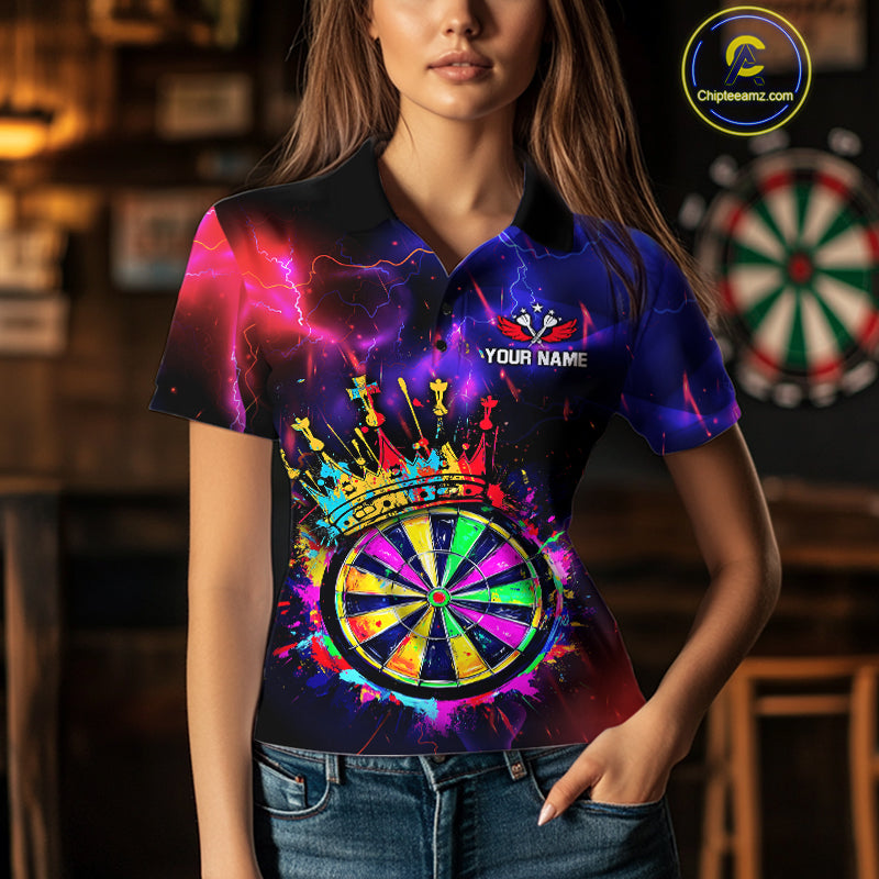 Personalized Neon Colorful Crown Darts Shirt For Women Custom Funny Darts Jersey Polo & 1/4 Zip TDM5181