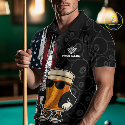 Vintage American Flag Funny Beer Billiard Shirt For Men Custom Patriotic 8 Ball Pool Team Jersey TDM5426