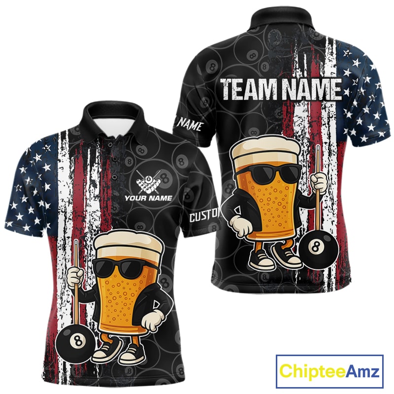 Vintage American Flag Funny Beer Billiard Shirt For Men Custom Patriotic 8 Ball Pool Team Jersey TDM5426