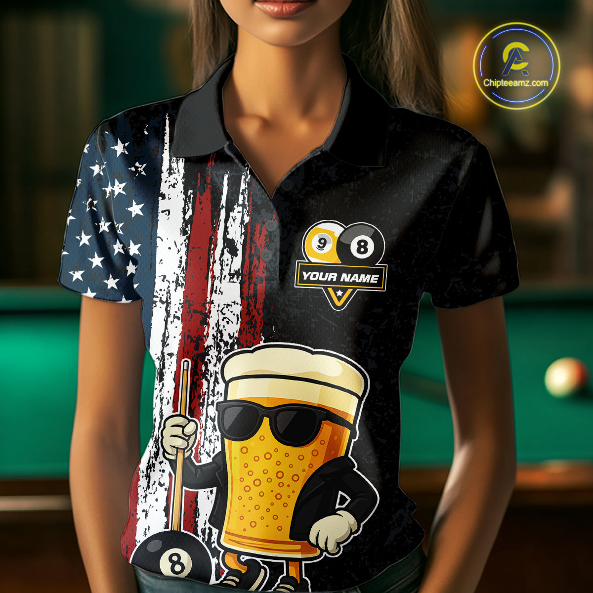 Funny Beer 8 Ball & 9 Ball American Flag Billiard Shirt For Women Custom Patriotic Pool Team Jersey TDM5427