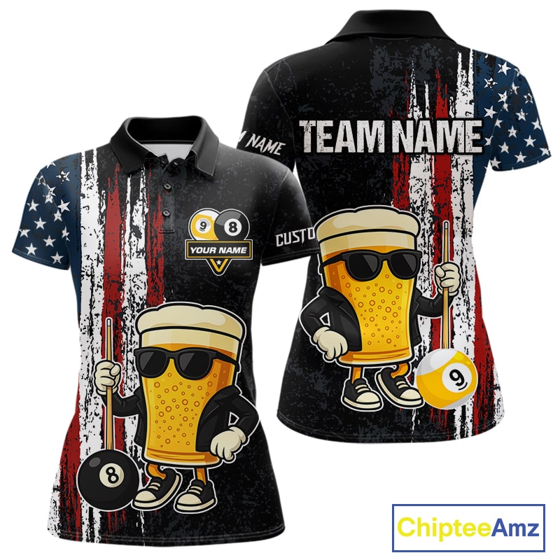 Funny Beer 8 Ball & 9 Ball American Flag Billiard Shirt For Women Custom Patriotic Pool Team Jersey TDM5427