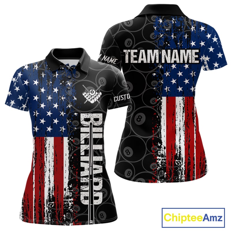 Grunge American Flag 8 Ball Pool Billiard Shirt For Women Custom Patriotic Billiard Team Jersey TDM5428