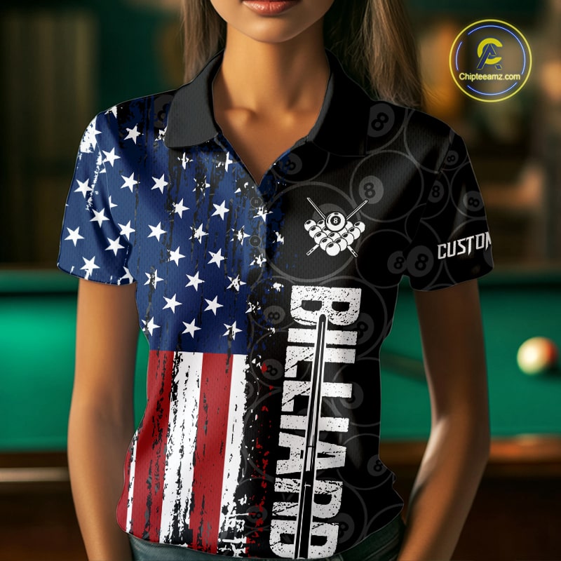 Grunge American Flag 8 Ball Pool Billiard Shirt For Women Custom Patriotic Billiard Team Jersey TDM5428
