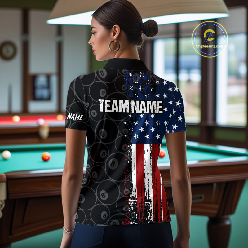 Grunge American Flag 8 Ball Pool Billiard Shirt For Women Custom Patriotic Billiard Team Jersey TDM5428