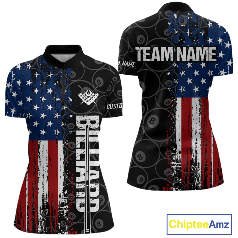 Grunge American Flag 8 Ball Pool Billiard Shirt For Women Custom Patriotic Billiard Team Jersey TDM5428