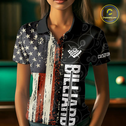 Vintage American Flag 8 Ball Pool Billiard Shirt For Women Custom Patriotic Billiard Team Jersey TDM5429