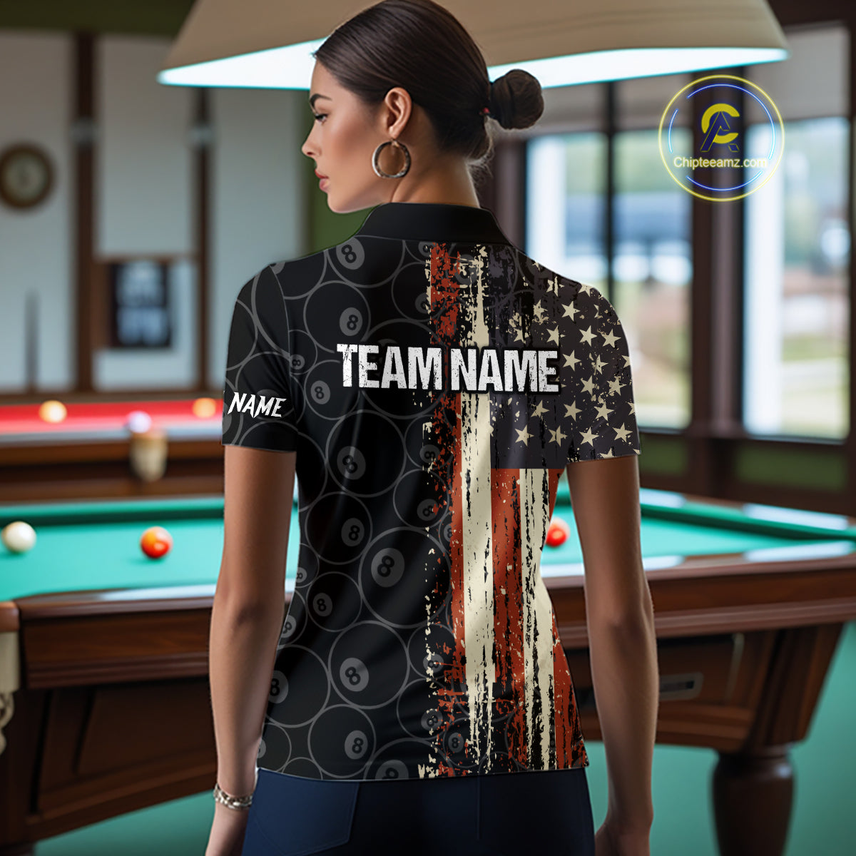 Vintage American Flag 8 Ball Pool Billiard Shirt For Women Custom Patriotic Billiard Team Jersey TDM5429