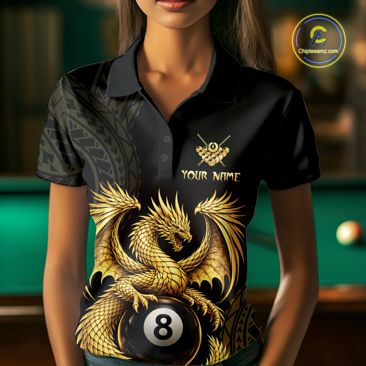 Black And Golden Custom Dragon Billiard Shirt For Women, 8 Ball Pool Team Jersey Polo & 1/4 Zip TDM6058
