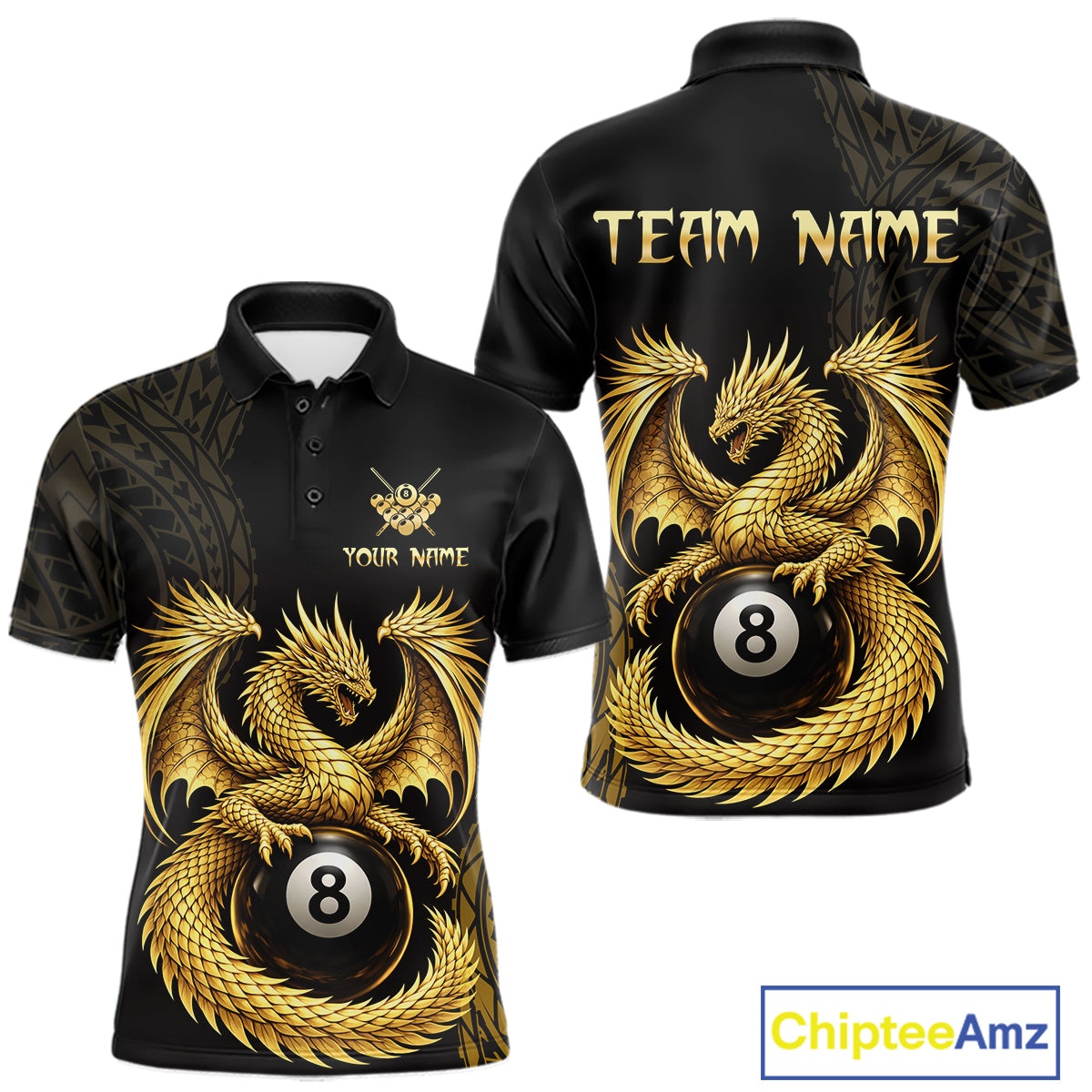 Black And Golden Custom Dragon Billiard Shirt For Men, 8 Ball Pool Team Jersey Polo & 1/4 Zip TDM6058