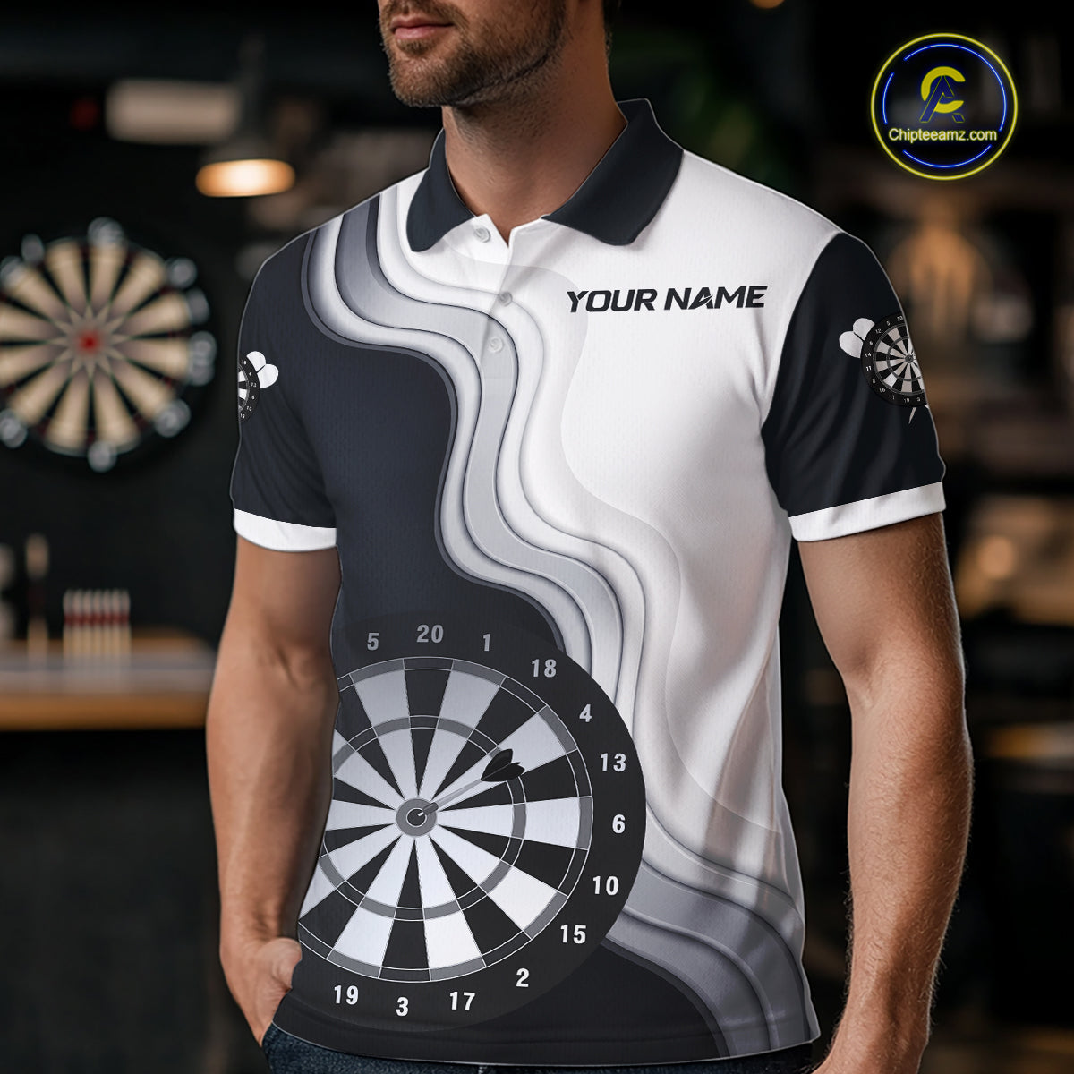 Black And White Darts Shirts With Pocket Option For Men Custom Darts Jersey TDM6487