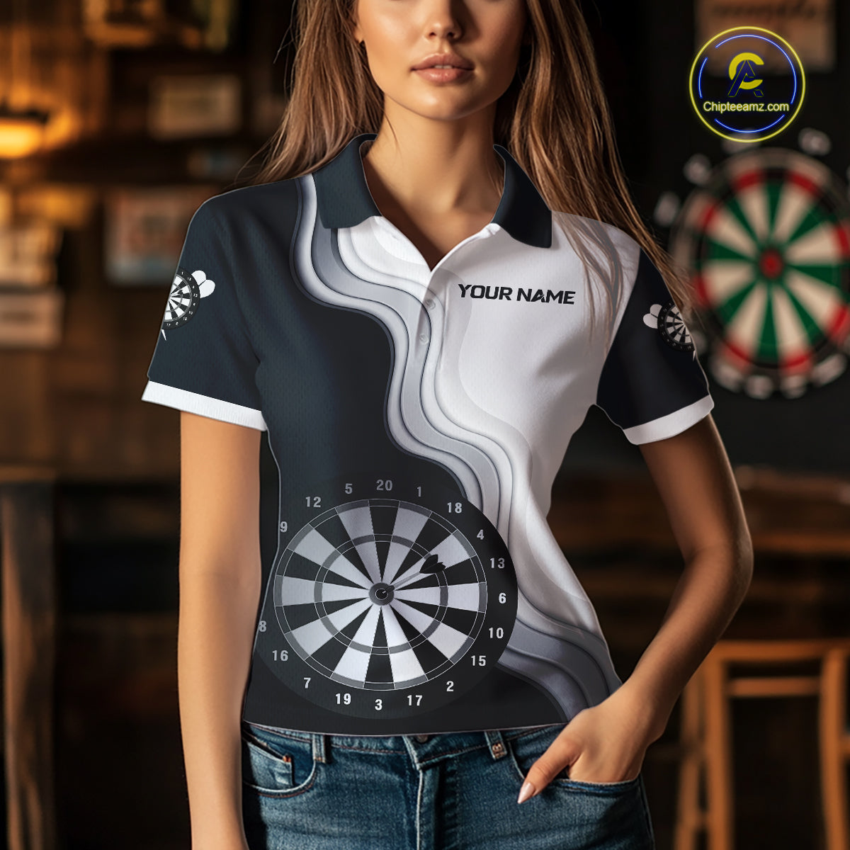 Black And White Darts Shirts With Pocket Option For Women Custom Darts Jersey TDM6487