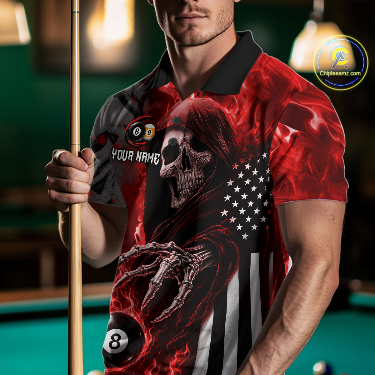 Personalized Red Flame Grim Reaper US Flag 8 Ball 9 Ball Billiard Shirt For Men, Pool Team Jersey TDM7831