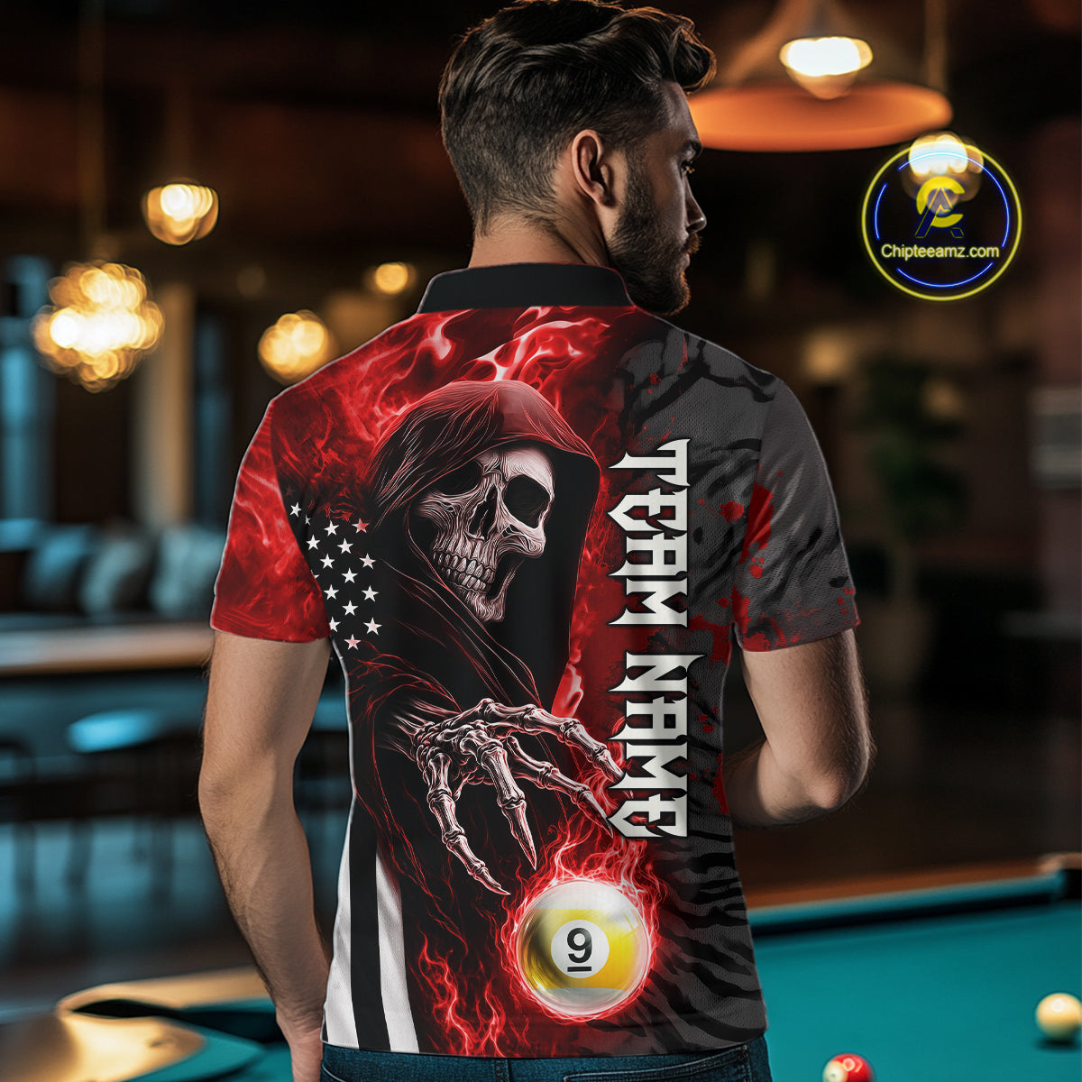 Personalized Red Flame Grim Reaper US Flag 8 Ball 9 Ball Billiard Shirt For Men, Pool Team Jersey TDM7831