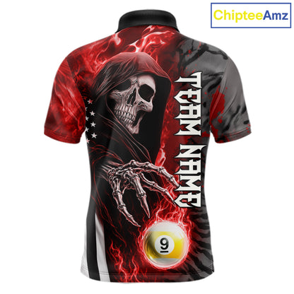 Personalized Red Flame Grim Reaper US Flag 8 Ball 9 Ball Billiard Shirt For Men, Pool Team Jersey TDM7831