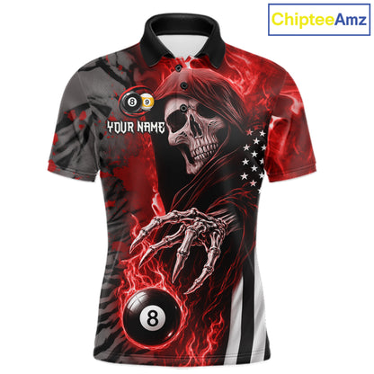 Personalized Red Flame Grim Reaper US Flag 8 Ball 9 Ball Billiard Shirt For Men, Pool Team Jersey TDM7831