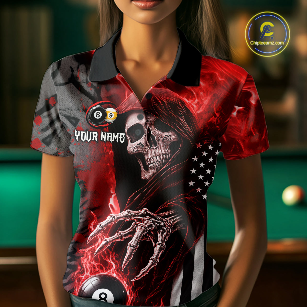 Personalized Red Flame Grim Reaper US Flag 8 Ball 9 Ball Billiard Shirt For Women, Pool Team Jersey TDM7831