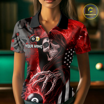 Personalized Red Flame Grim Reaper US Flag 8 Ball 9 Ball Billiard Shirt For Women, Pool Team Jersey TDM7831