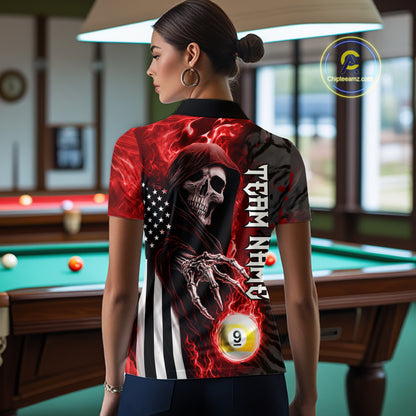 Personalized Red Flame Grim Reaper US Flag 8 Ball 9 Ball Billiard Shirt For Women, Pool Team Jersey TDM7831