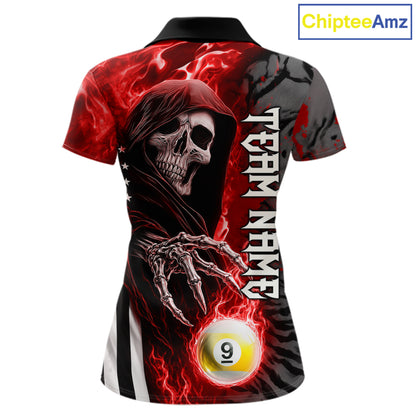Personalized Red Flame Grim Reaper US Flag 8 Ball 9 Ball Billiard Shirt For Women, Pool Team Jersey TDM7831