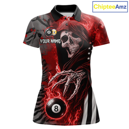 Personalized Red Flame Grim Reaper US Flag 8 Ball 9 Ball Billiard Shirt For Women, Pool Team Jersey TDM7831