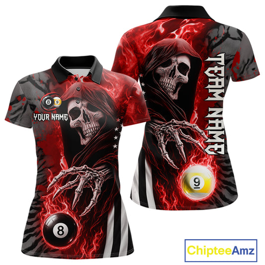 Personalized Red Flame Grim Reaper US Flag 8 Ball 9 Ball Billiard Shirt For Women, Pool Team Jersey TDM7831