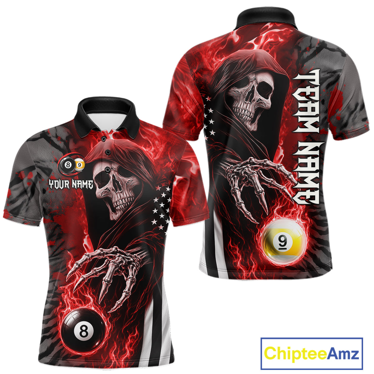 Personalized Red Flame Grim Reaper US Flag 8 Ball 9 Ball Billiard Shirt For Men, Pool Team Jersey TDM7831