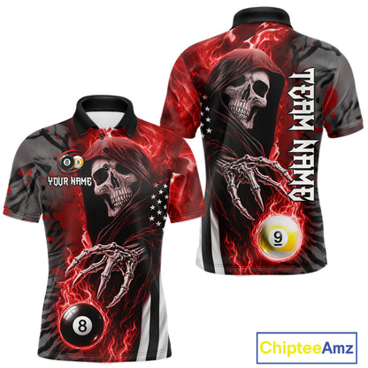Personalized Red Flame Grim Reaper US Flag 8 Ball 9 Ball Billiard Shirt For Men, Pool Team Jersey TDM7831