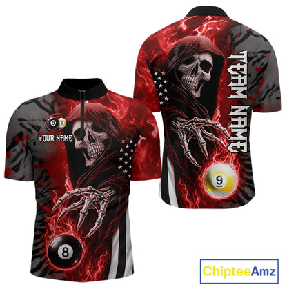 Personalized Red Flame Grim Reaper US Flag 8 Ball 9 Ball Billiard Shirt For Men, Pool Team Jersey TDM7831