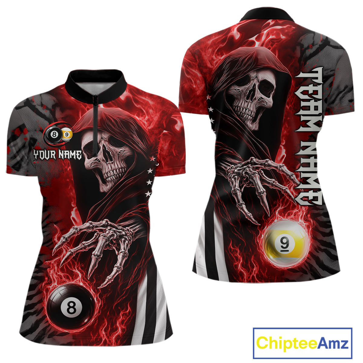 Personalized Red Flame Grim Reaper US Flag 8 Ball 9 Ball Billiard Shirt For Women, Pool Team Jersey TDM7831