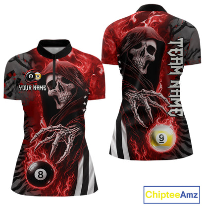 Personalized Red Flame Grim Reaper US Flag 8 Ball 9 Ball Billiard Shirt For Women, Pool Team Jersey TDM7831