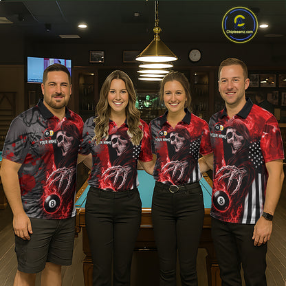 Personalized Red Flame Grim Reaper US Flag 8 Ball 9 Ball Billiard Shirt For Men, Pool Team Jersey TDM7831