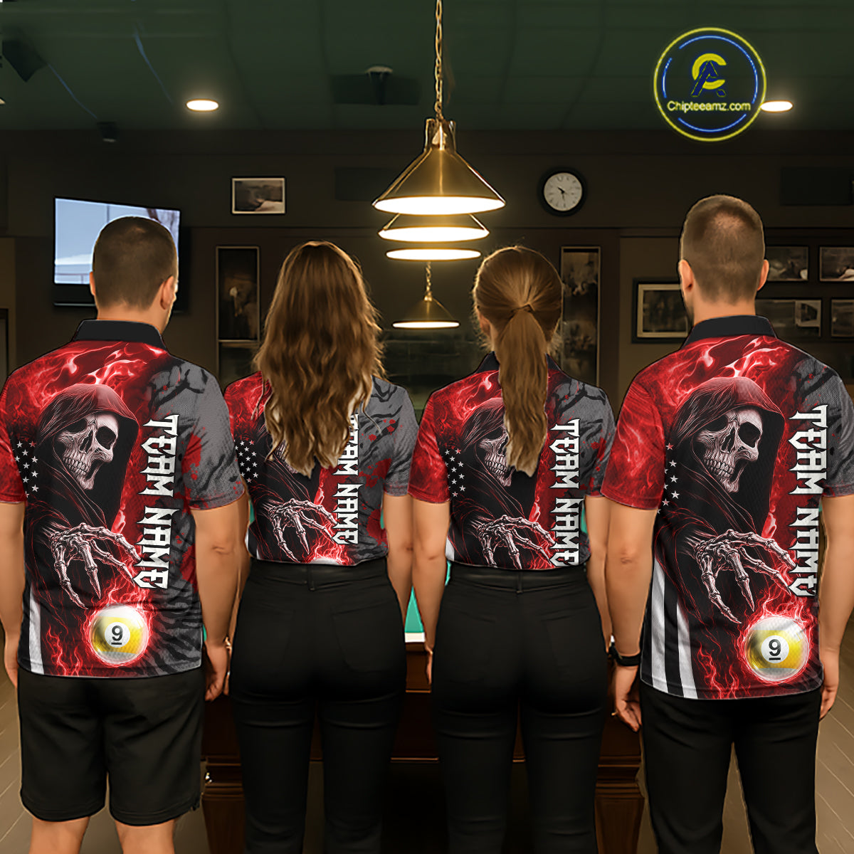 Personalized Red Flame Grim Reaper US Flag 8 Ball 9 Ball Billiard Shirt For Men, Pool Team Jersey TDM7831