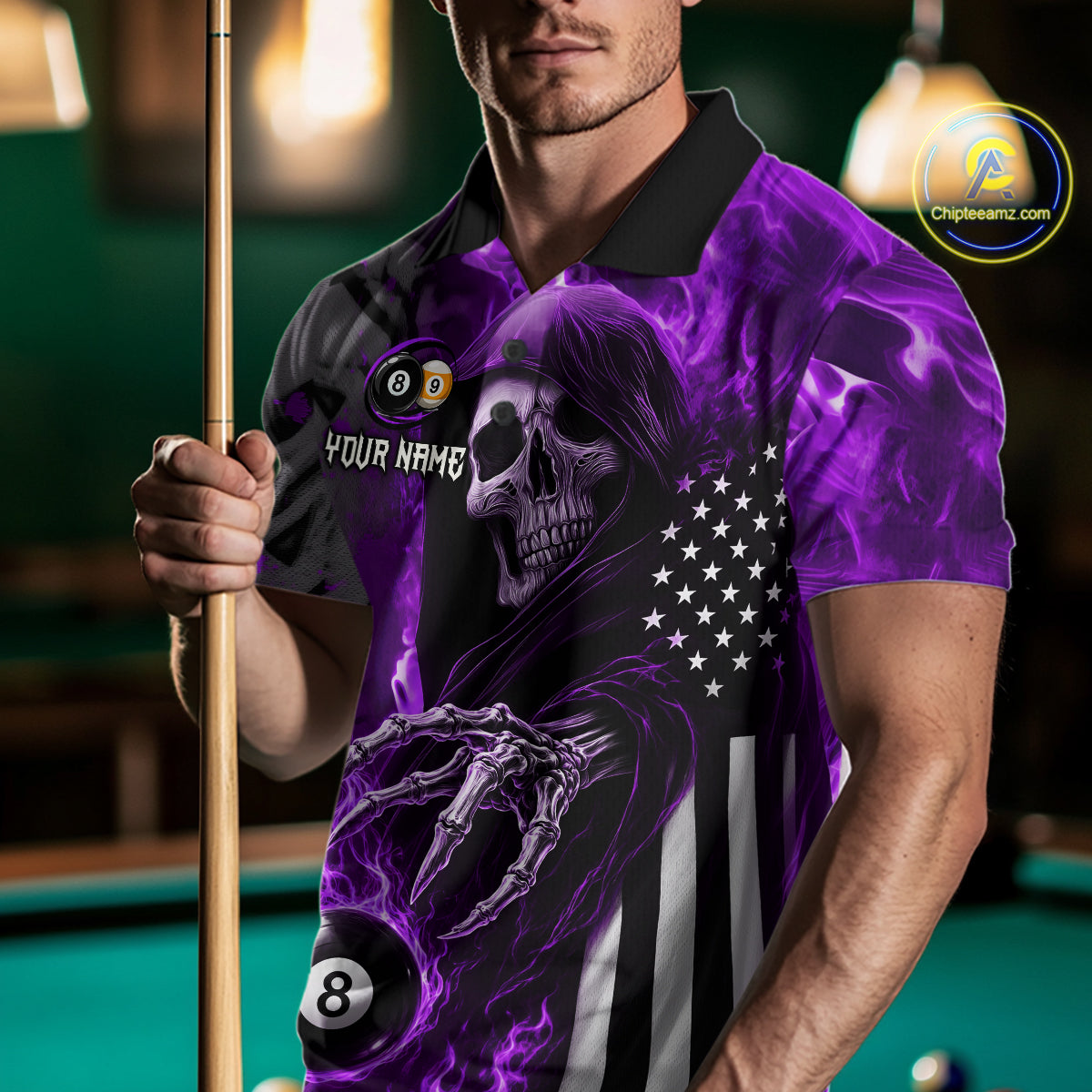 Customized Purple Flame Grim Reaper US Flag 8 Ball 9 Ball Billiard Shirt For Men, Pool Team Jersey TDM7832