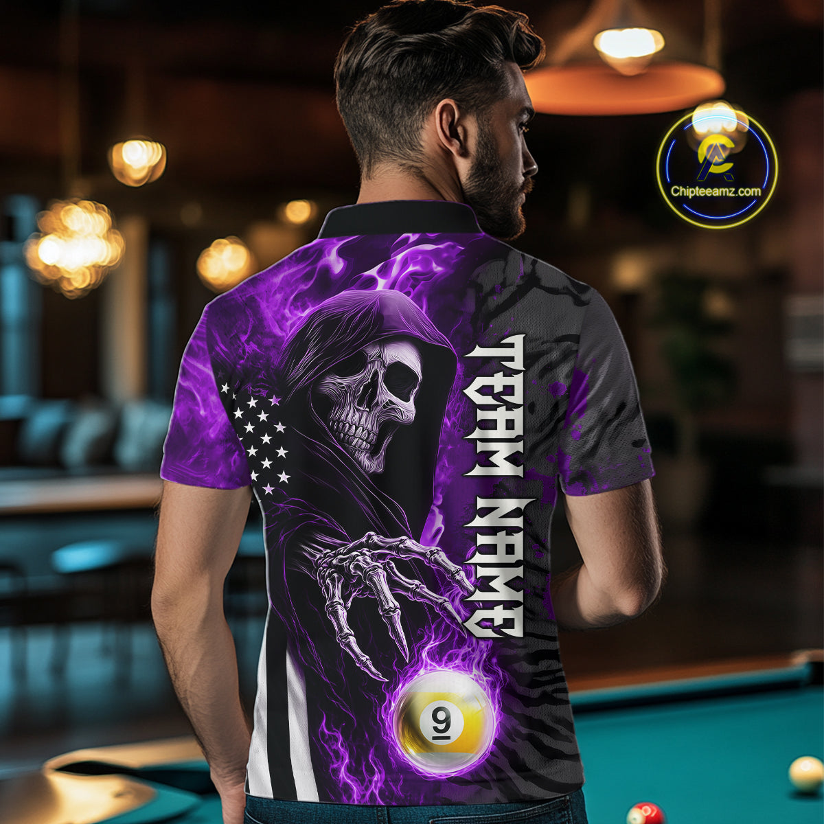 Customized Purple Flame Grim Reaper US Flag 8 Ball 9 Ball Billiard Shirt For Men, Pool Team Jersey TDM7832