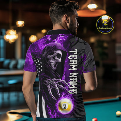 Customized Purple Flame Grim Reaper US Flag 8 Ball 9 Ball Billiard Shirt For Men, Pool Team Jersey TDM7832