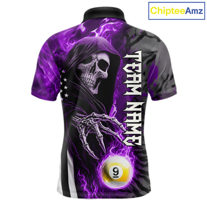 Customized Purple Flame Grim Reaper US Flag 8 Ball 9 Ball Billiard Shirt For Men, Pool Team Jersey TDM7832