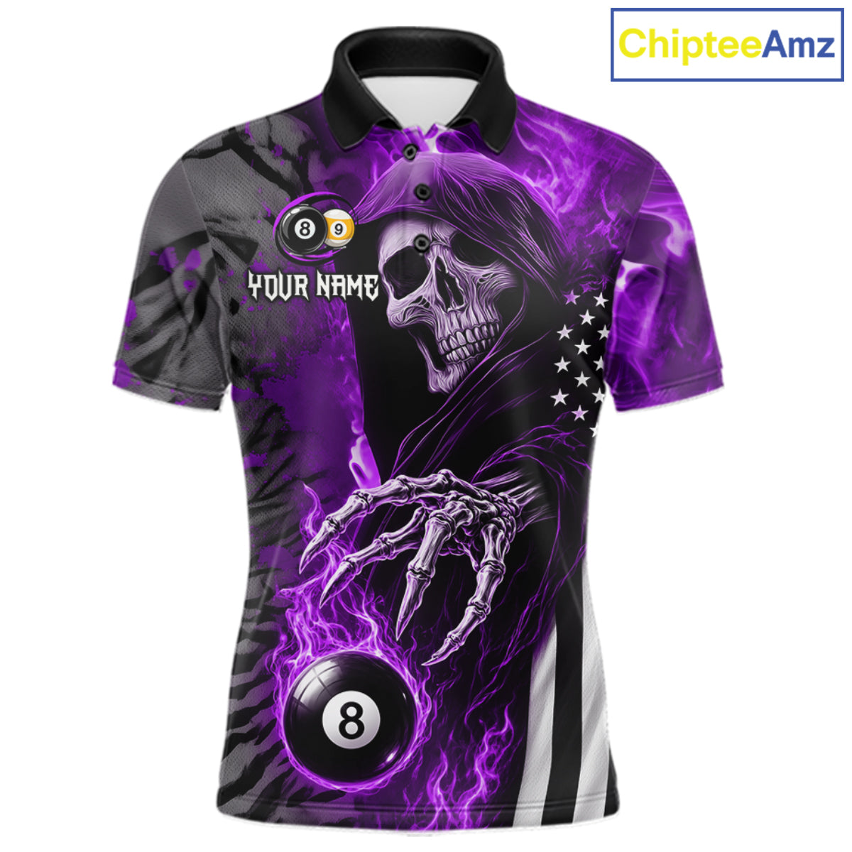 Customized Purple Flame Grim Reaper US Flag 8 Ball 9 Ball Billiard Shirt For Men, Pool Team Jersey TDM7832