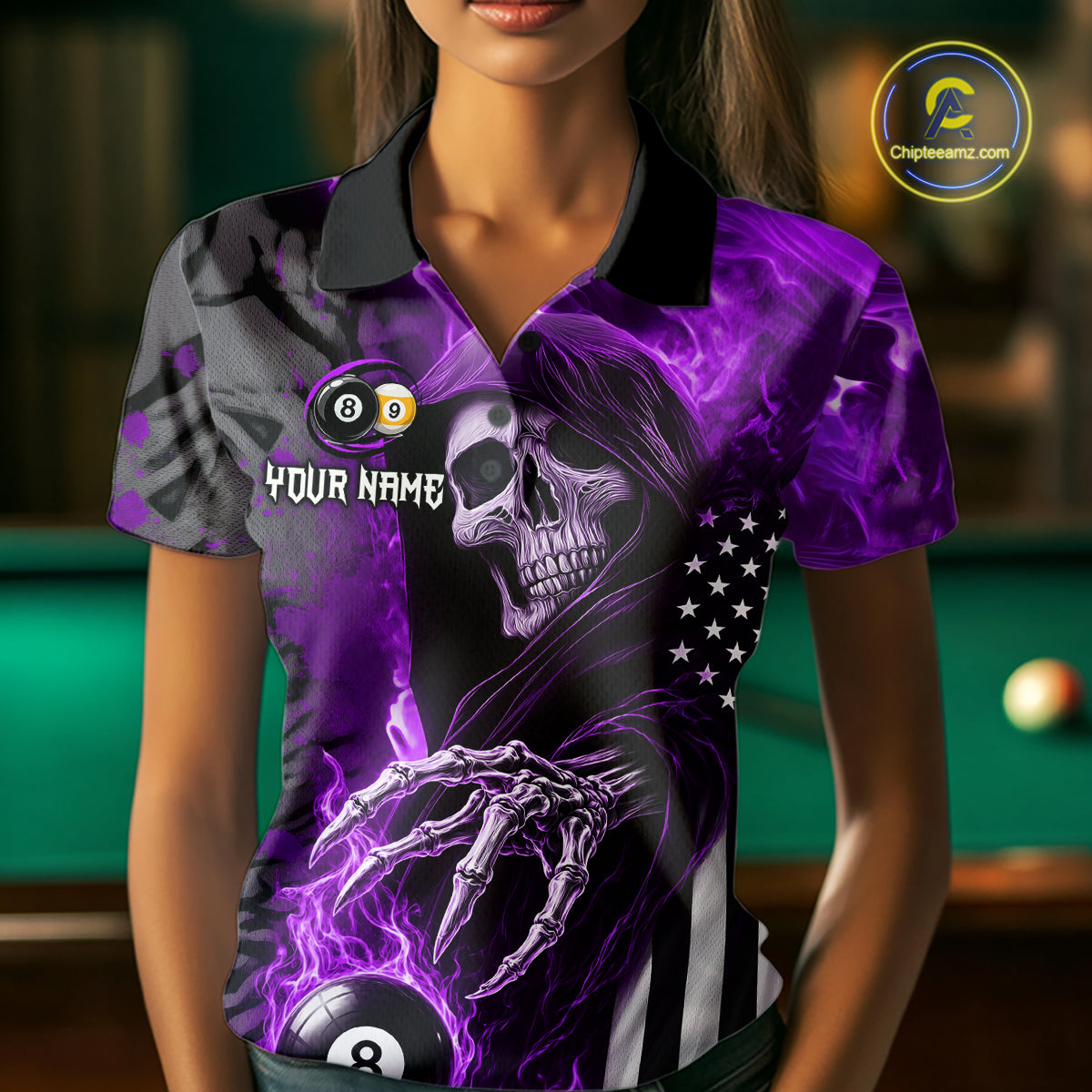 Customized Purple Flame Grim Reaper US Flag 8 Ball 9 Ball Billiard Shirt For Women, Pool Team Jersey TDM7832