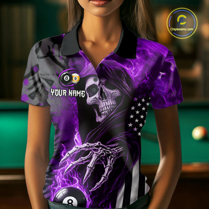 Customized Purple Flame Grim Reaper US Flag 8 Ball 9 Ball Billiard Shirt For Women, Pool Team Jersey TDM7832